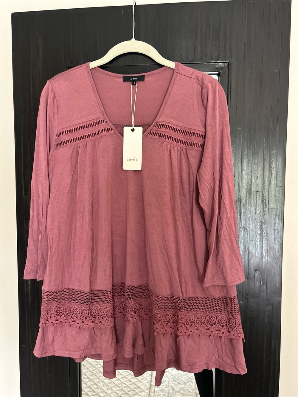 Lumiรฉ Womenโs Dusty Rose V-Neck Crochet Trim Tunic Boho